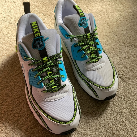 Nike Air Max 90 SE worldwide white blue fury black volt in box + laces stickers - Picture 4 of 11